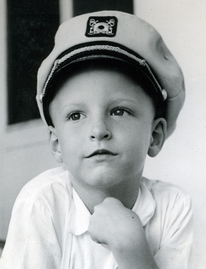 Black and White Portrait of Young Boy in Yachting Cap.